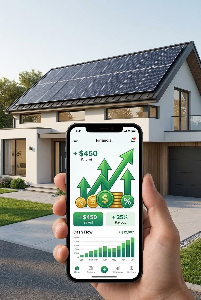 Phone showing a savings app with plus 450 dollars saved in front of a solar home