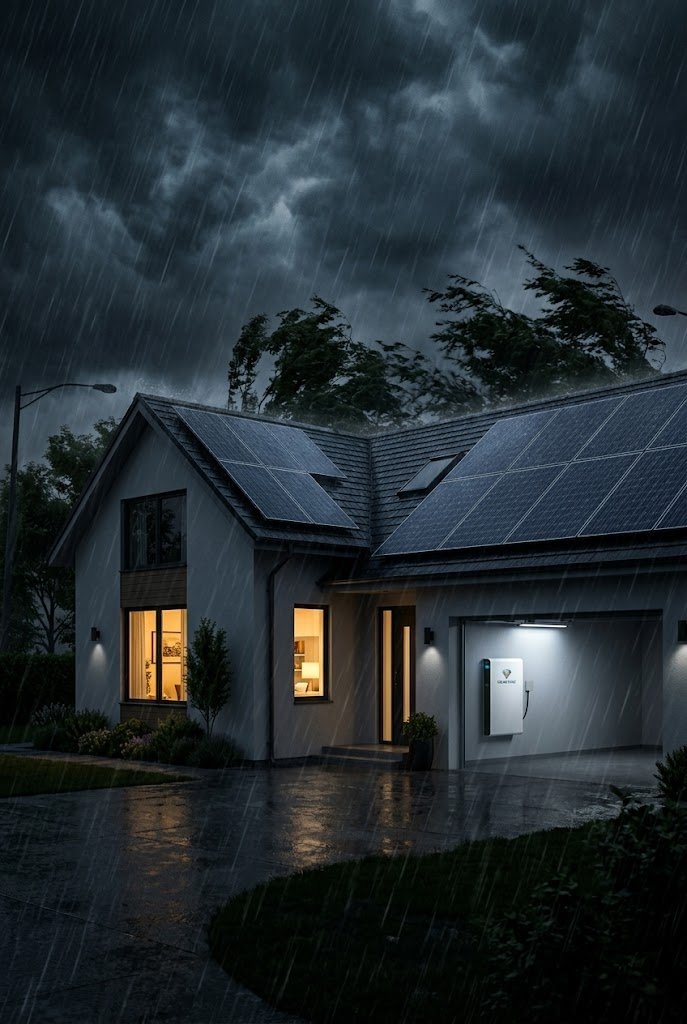 Home with solar panels and battery backup powering the house through a storm at night