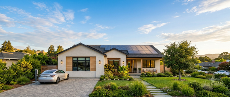 Modern home with solar panels and an EV charging in the driveway