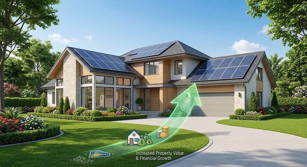 House with solar panels and a rising arrow showing increased property value and financial growth